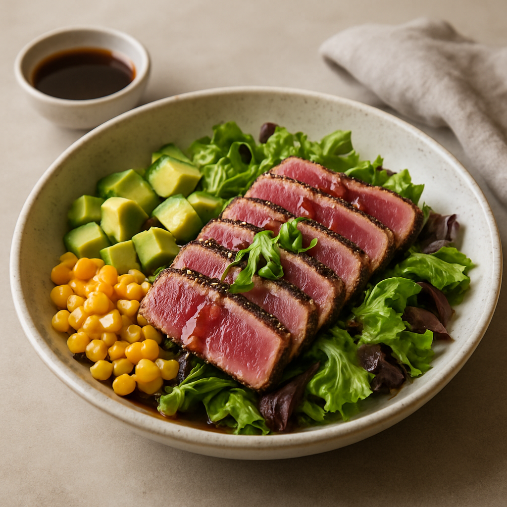 Ensalada de tataki de atún con aguacate, maíz, cebolleta y aliño de teriyaki