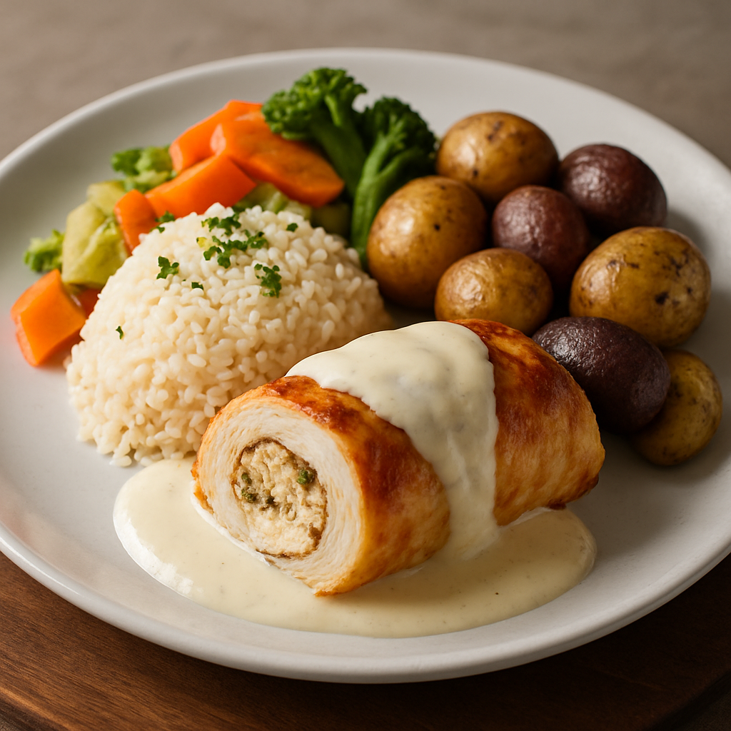 Pollo enrollado con salsa bechamel, arroz y papas nativas, ensalada cocida