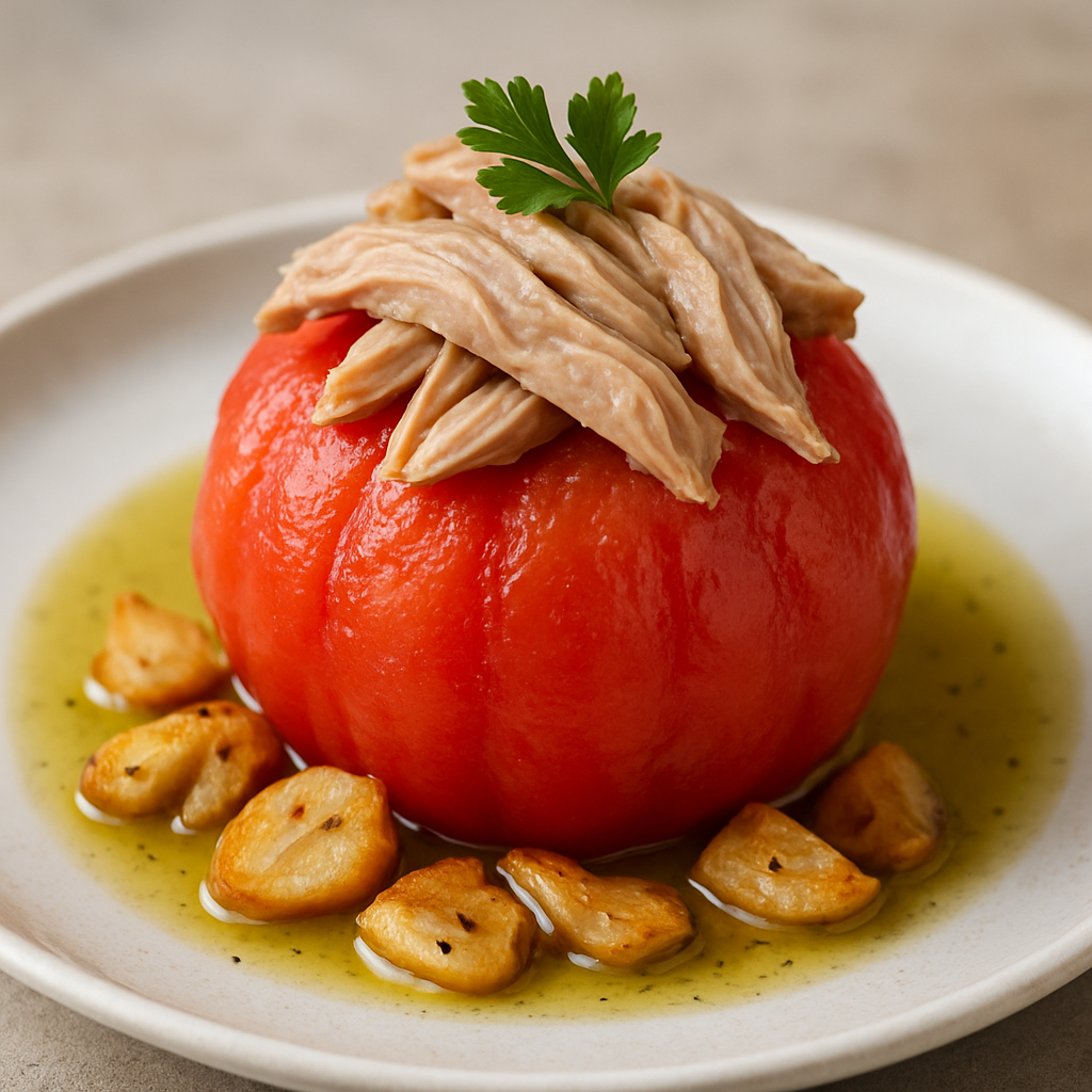 Tomate del terreno pelado con ajo y ventresca