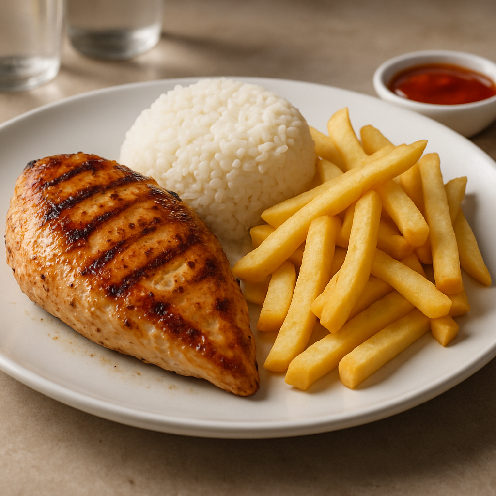 Pechuga de pollo con arroz y papas fritas
