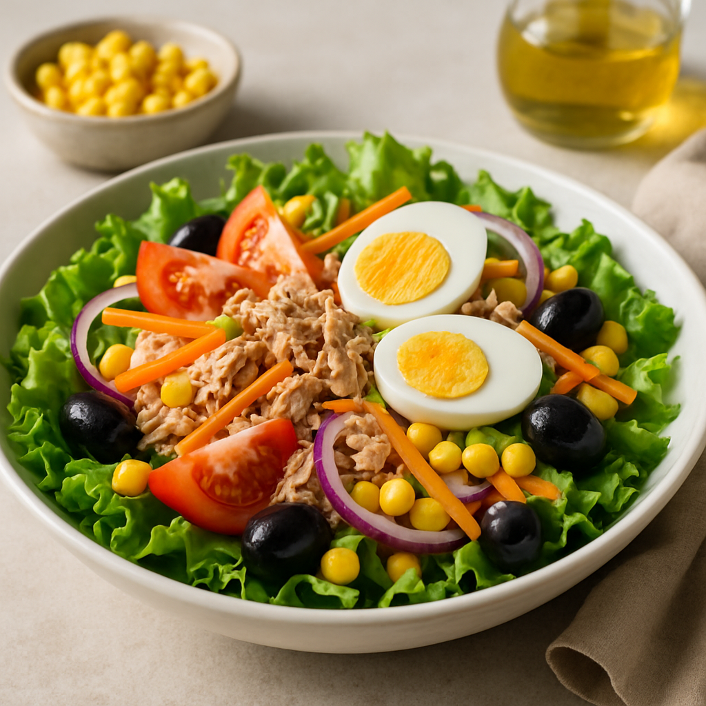 Ensalada verde con tomate, cebolla, zanahoria, atún, huevo, maíz y olivas negras