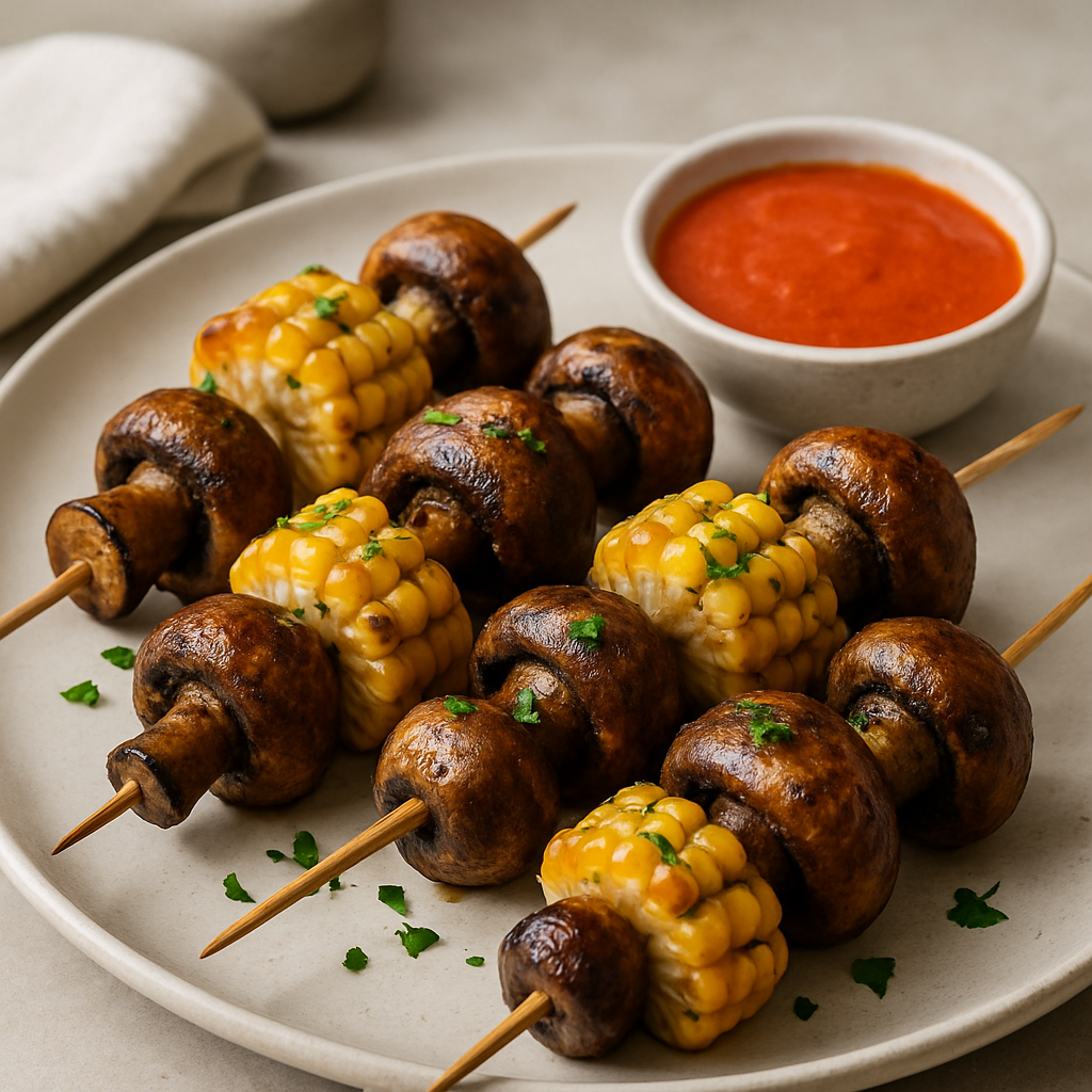 Anticuchos de champiñones y maiz con salsa de rocoto