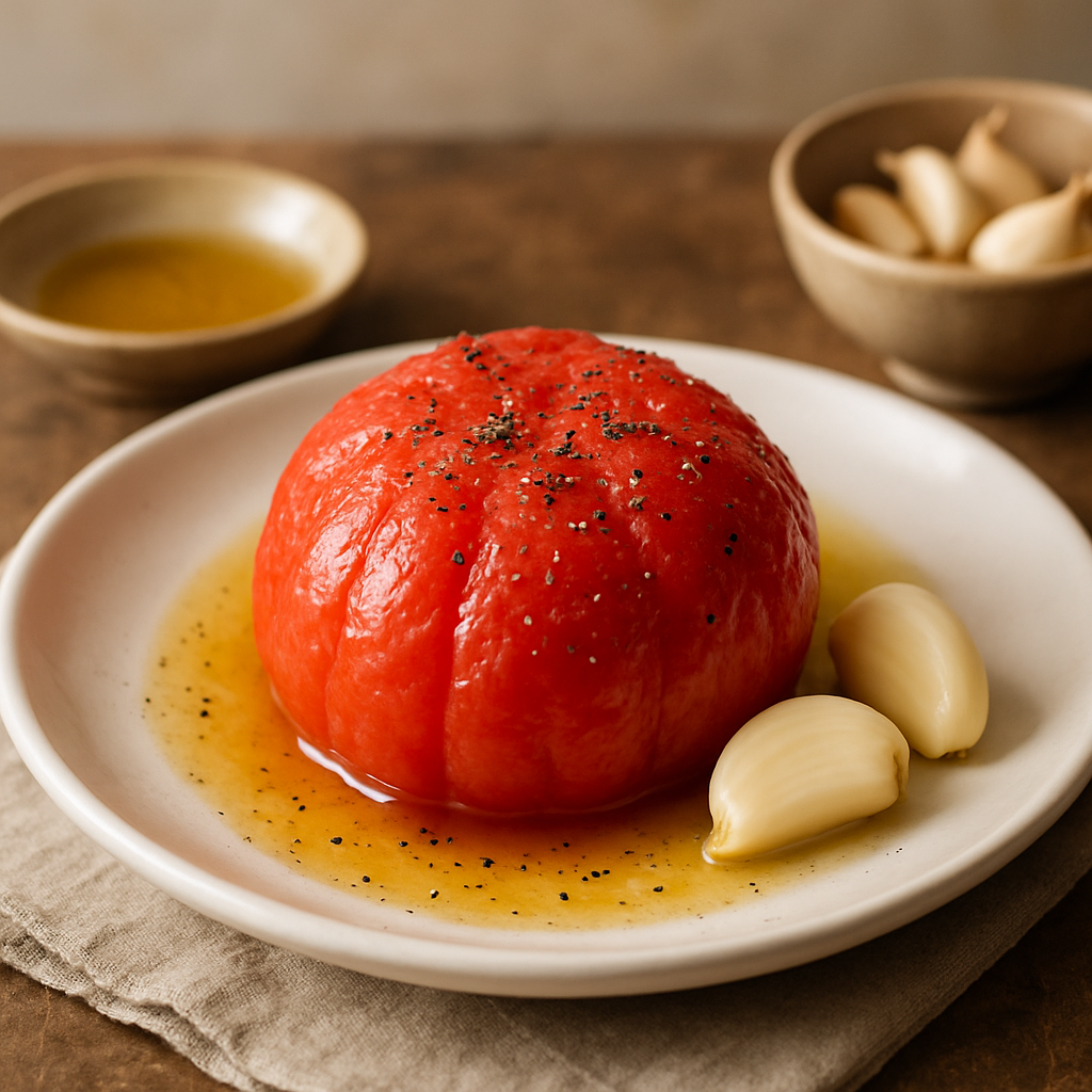 Tomate del terreno pelado con ajo