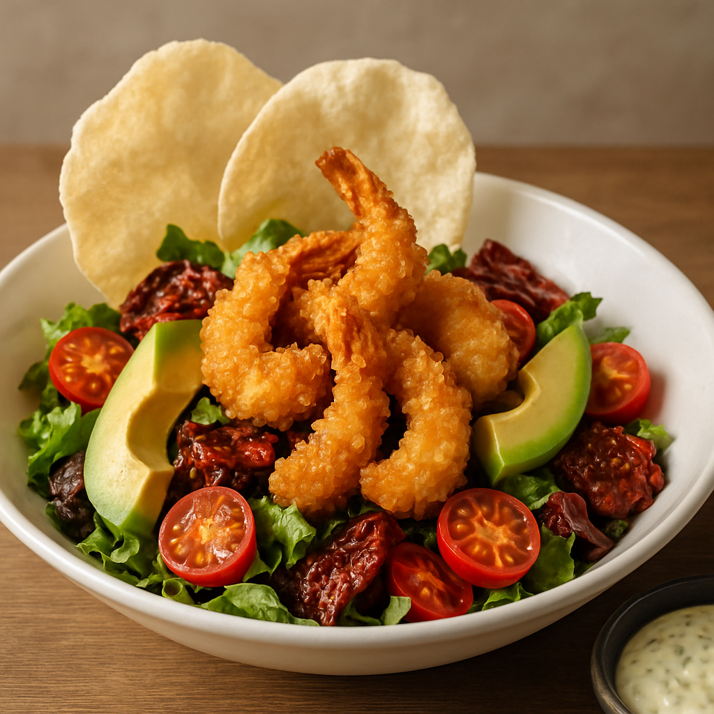 Ensalada de langostinos crujientes con tomates secos, cherrys, aguacate, papadums y salsa tártara
