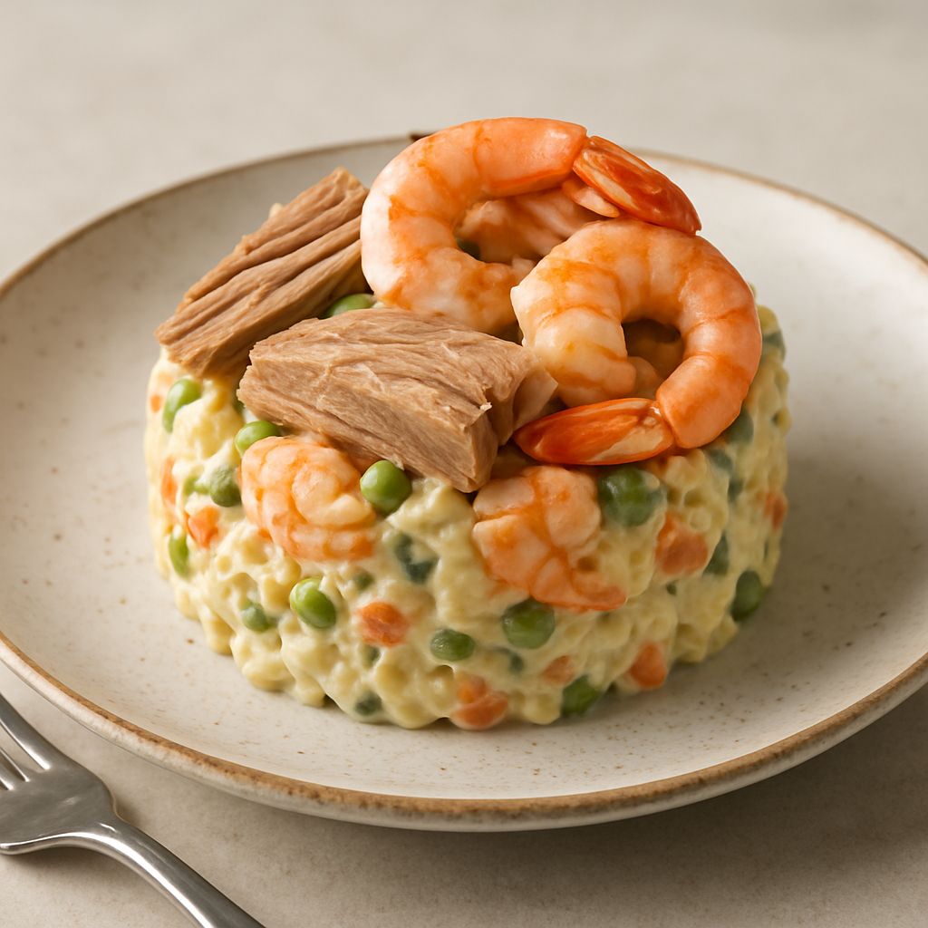 Ensaladilla rusa con ventresca y langostinos