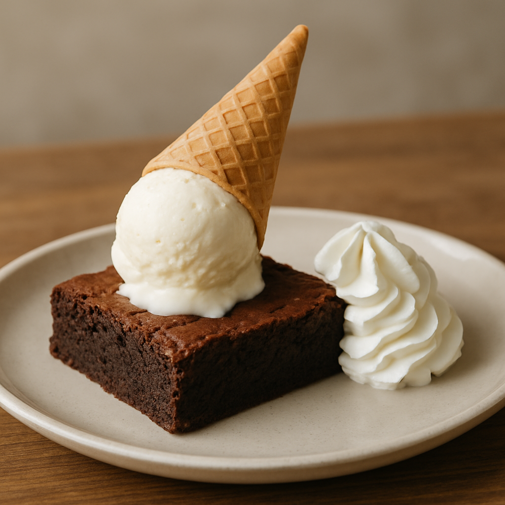 Brownie con helado y crema chantilly
