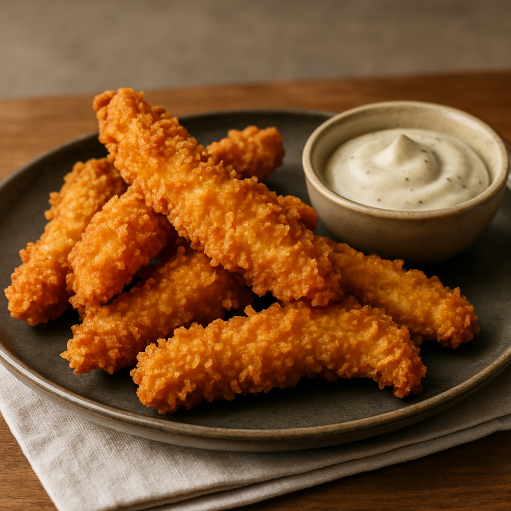 Tiras de pollo rebozadas con panko y mayonesa de trufa