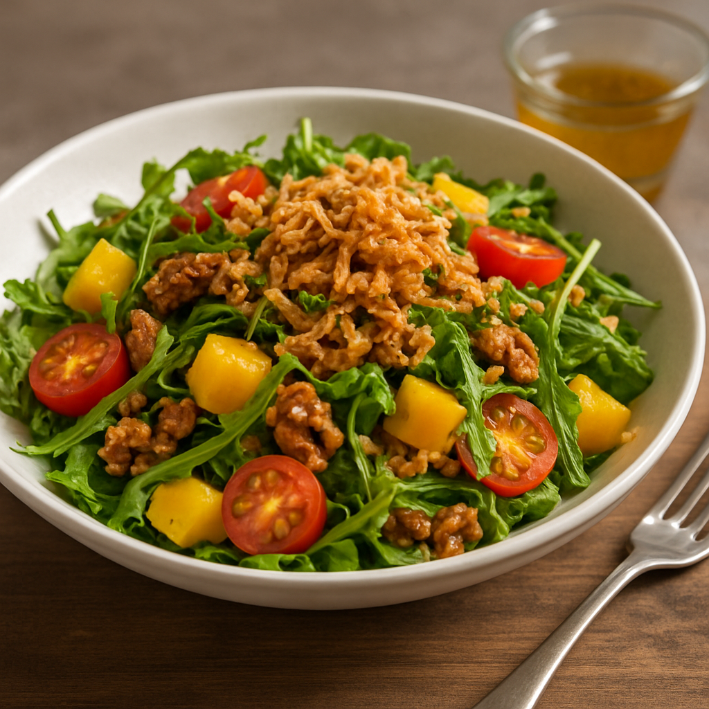 Ensalada de rúcula caramelizado con nueces, cebolla crujiente, tomate cherry, mango y vinagreta de miel